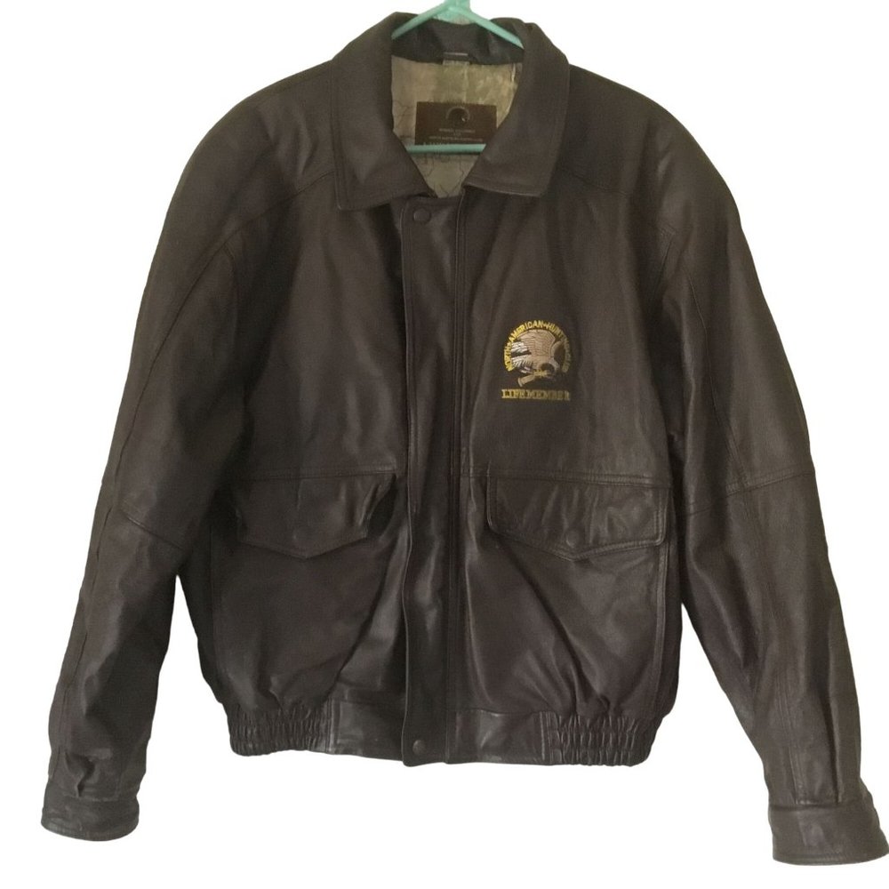 North American Hunting Club Vintage Lifetime Member Brown leather Bomber Jacket